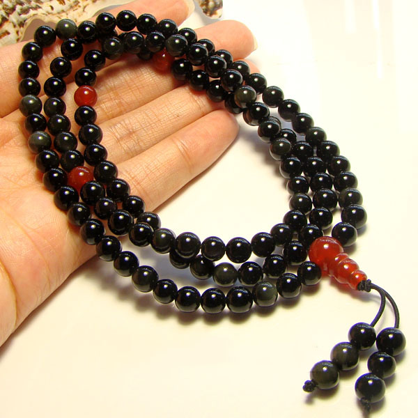 Original Natural 6MM Black Obsidian Red Onyx Stone 108 Prayer Beads Bracelet